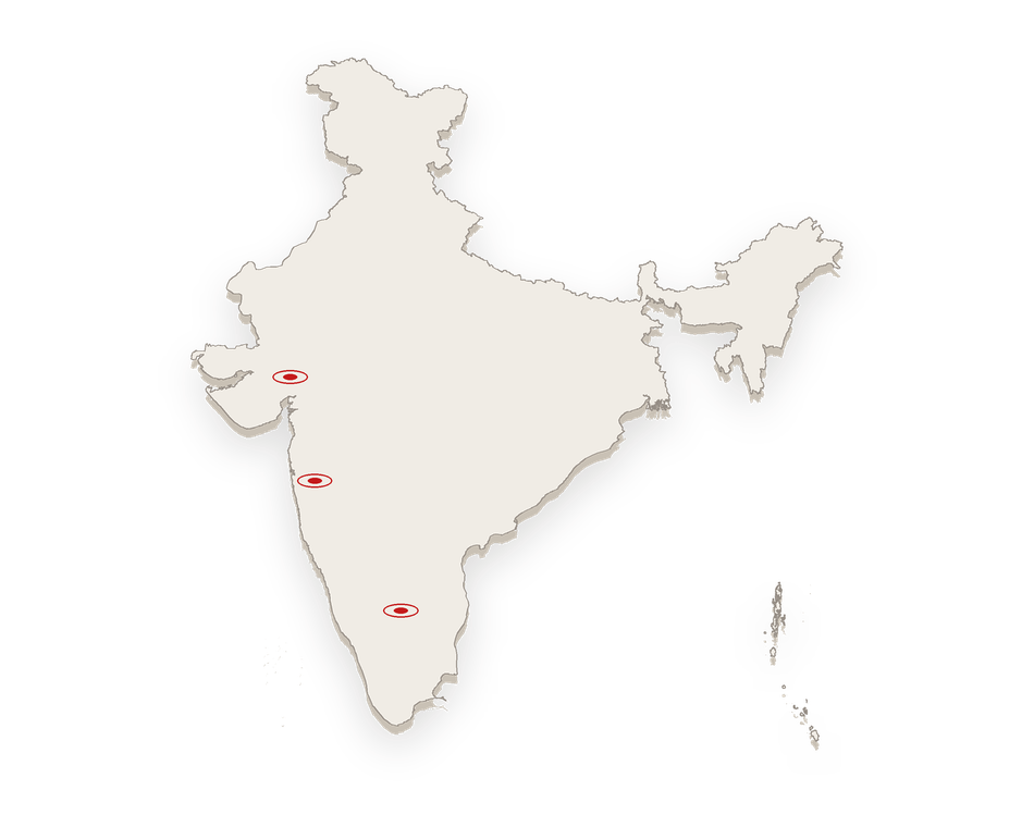 Map of India marking Ahmedabad, Pune and Bengaluru